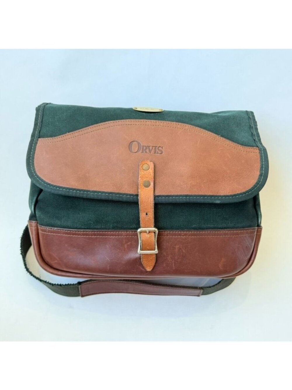 Orvis Vintage Leather Canvas Messenger Bag Green Brown Crossbody Satchel